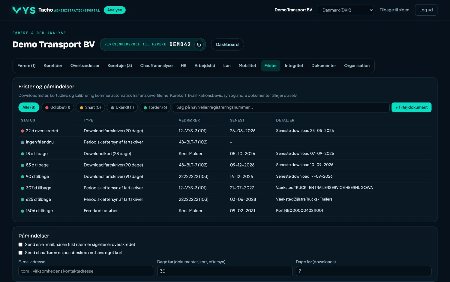 VYS Tacho analyseportal: Frister