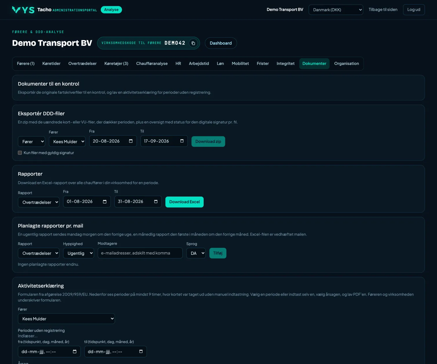 VYS Tacho analyseportal: Dokumenter