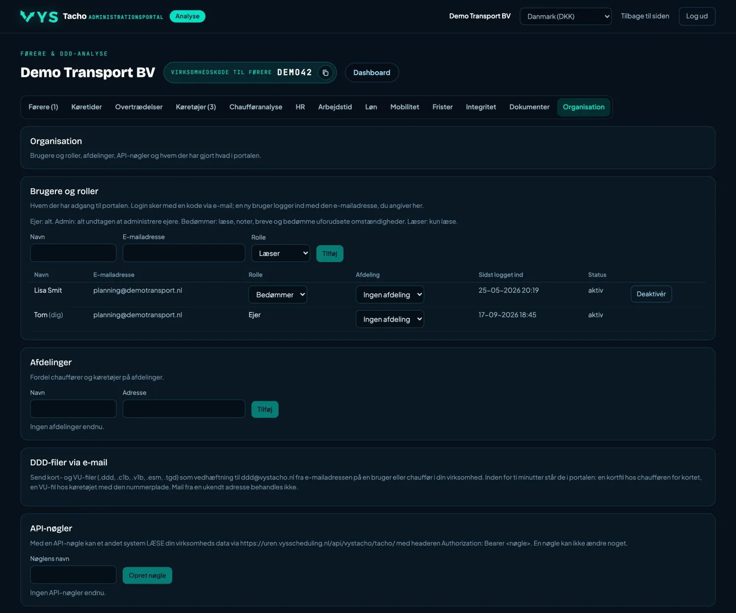 VYS Tacho analyseportal: Organisation