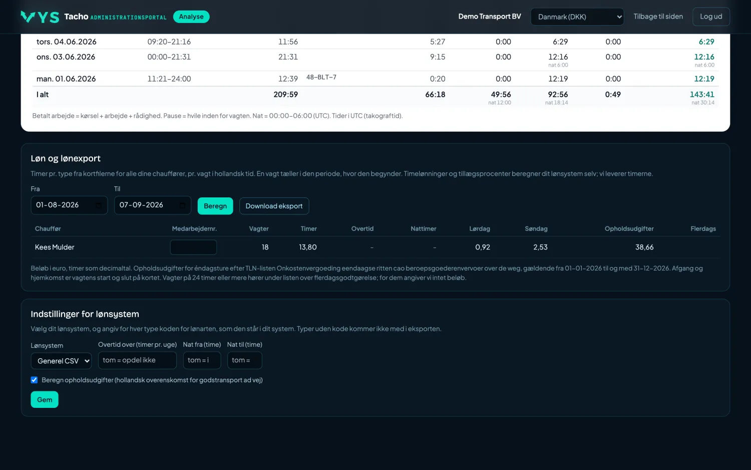 VYS Tacho analyseportal: Løn