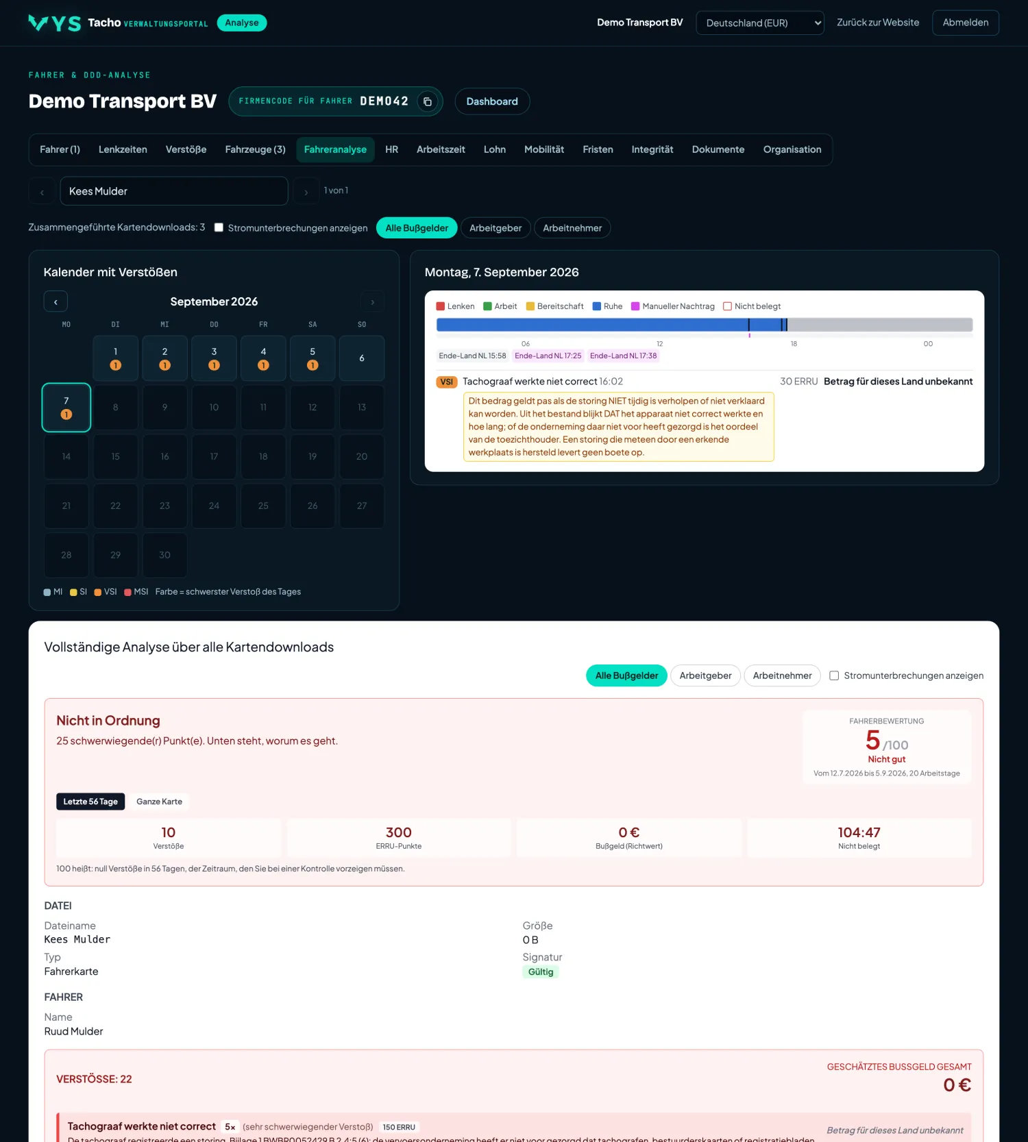 VYS Tacho Analyseportal: Fahreranalyse