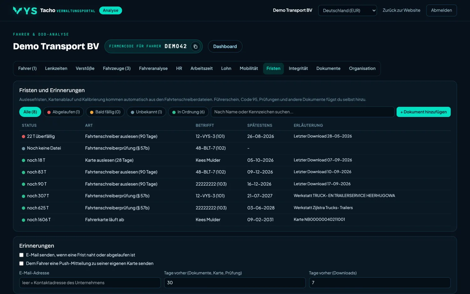 VYS Tacho Analyseportal: Fristen