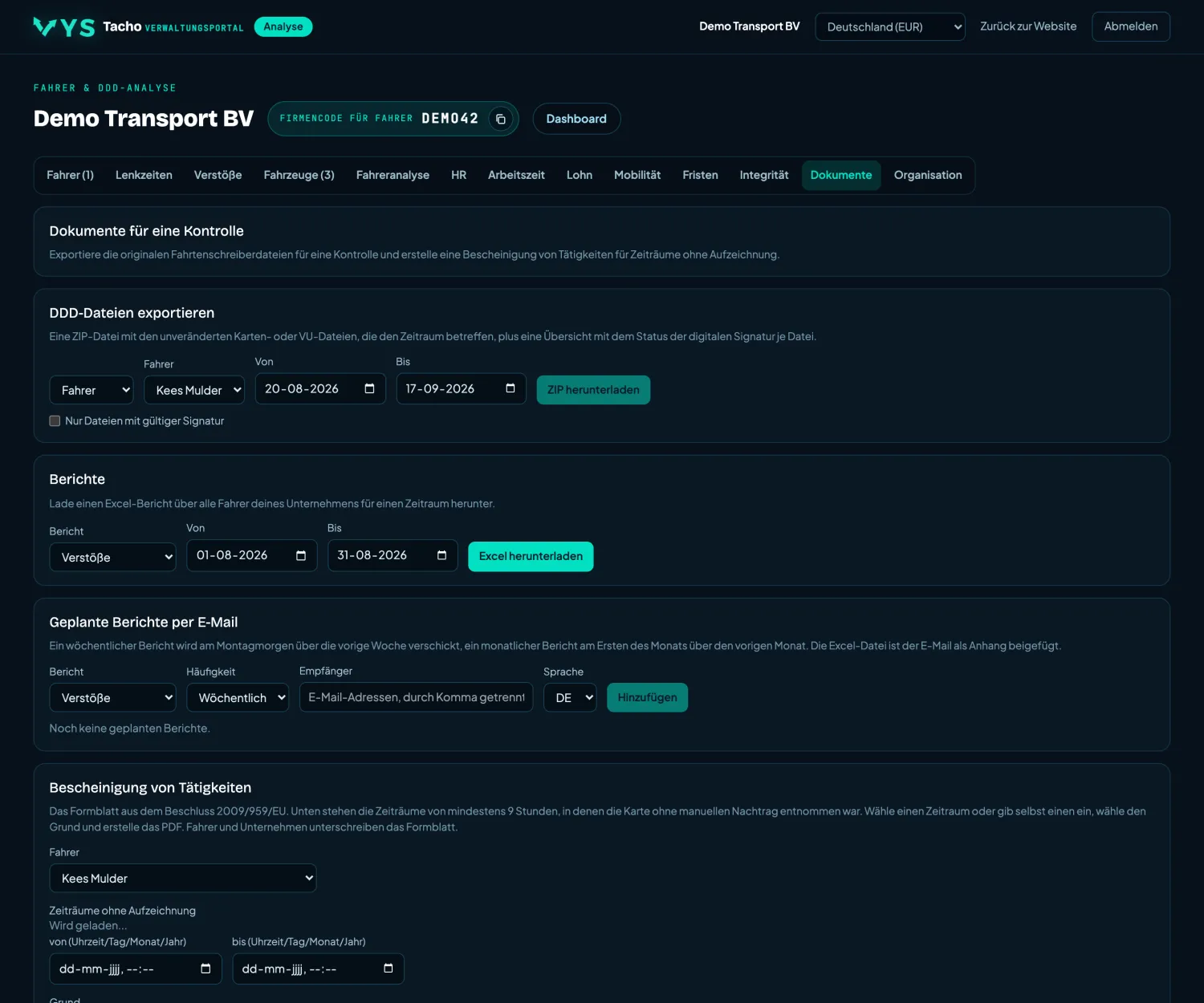 VYS Tacho Analyseportal: Dokumente