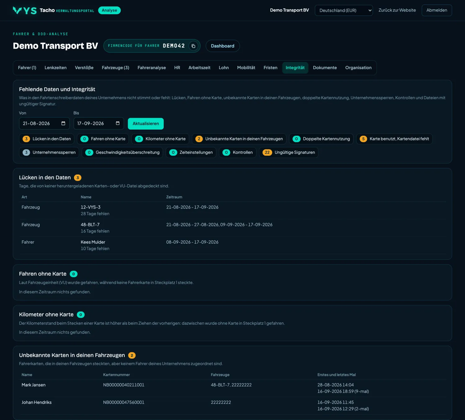 VYS Tacho Analyseportal: Integrität
