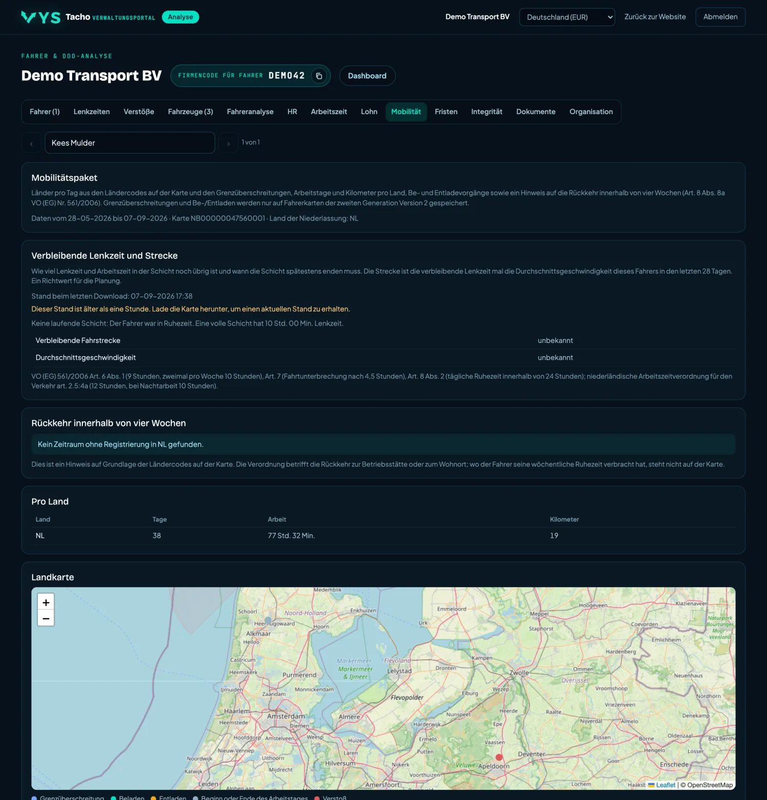 VYS Tacho Analyseportal: Mobilität
