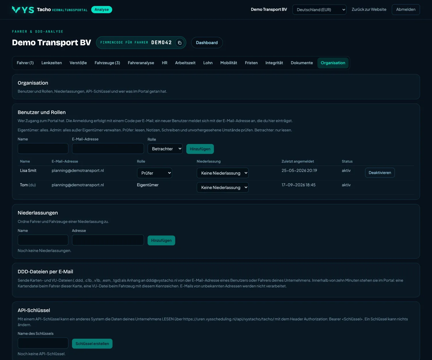 VYS Tacho Analyseportal: Organisation