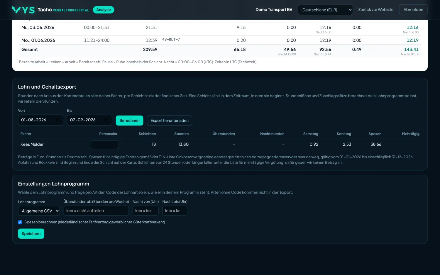 VYS Tacho Analyseportal: Lohnabrechnung