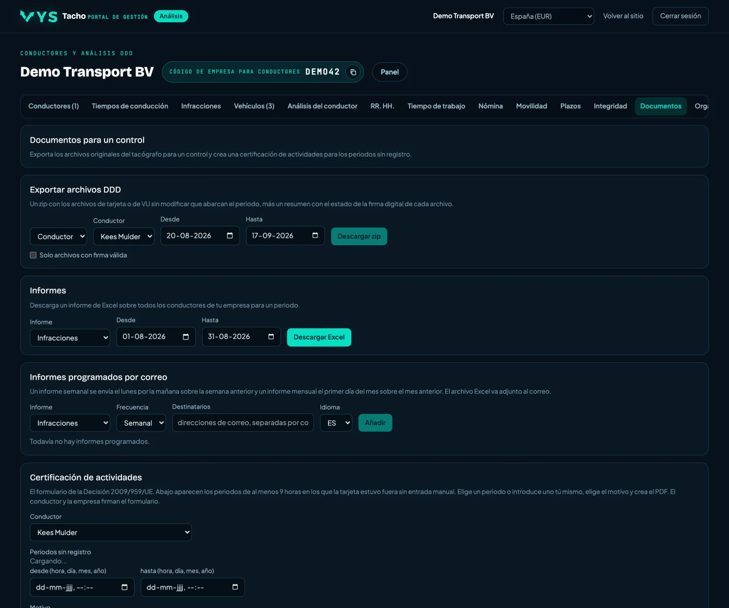 VYS Tacho portal de análisis: Documentos