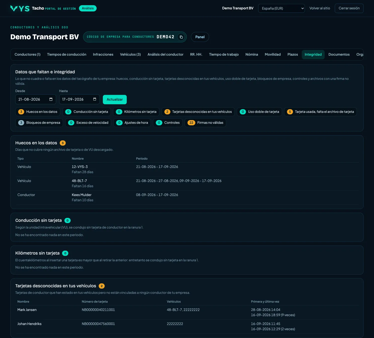 VYS Tacho portal de análisis: Integridad