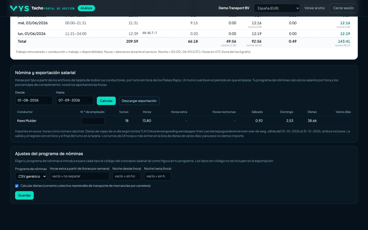 VYS Tacho portal de análisis: Nóminas