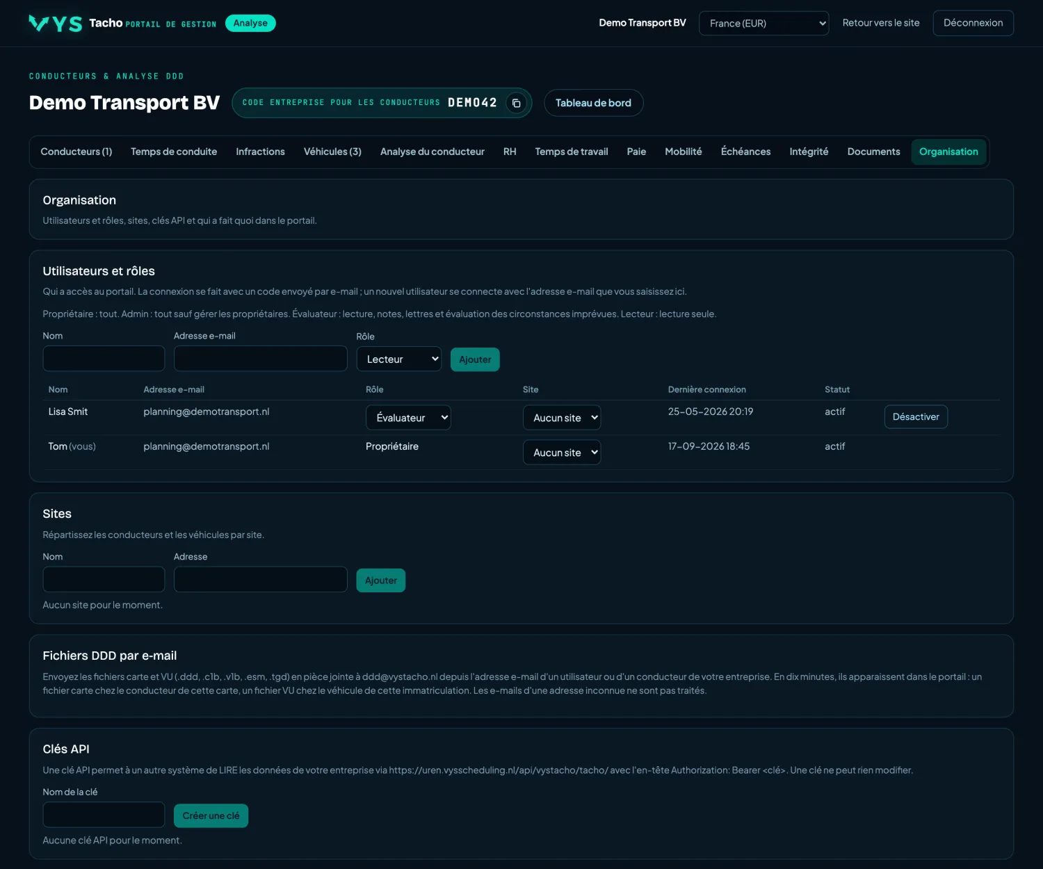 VYS Tacho portail d'analyse: Organisation
