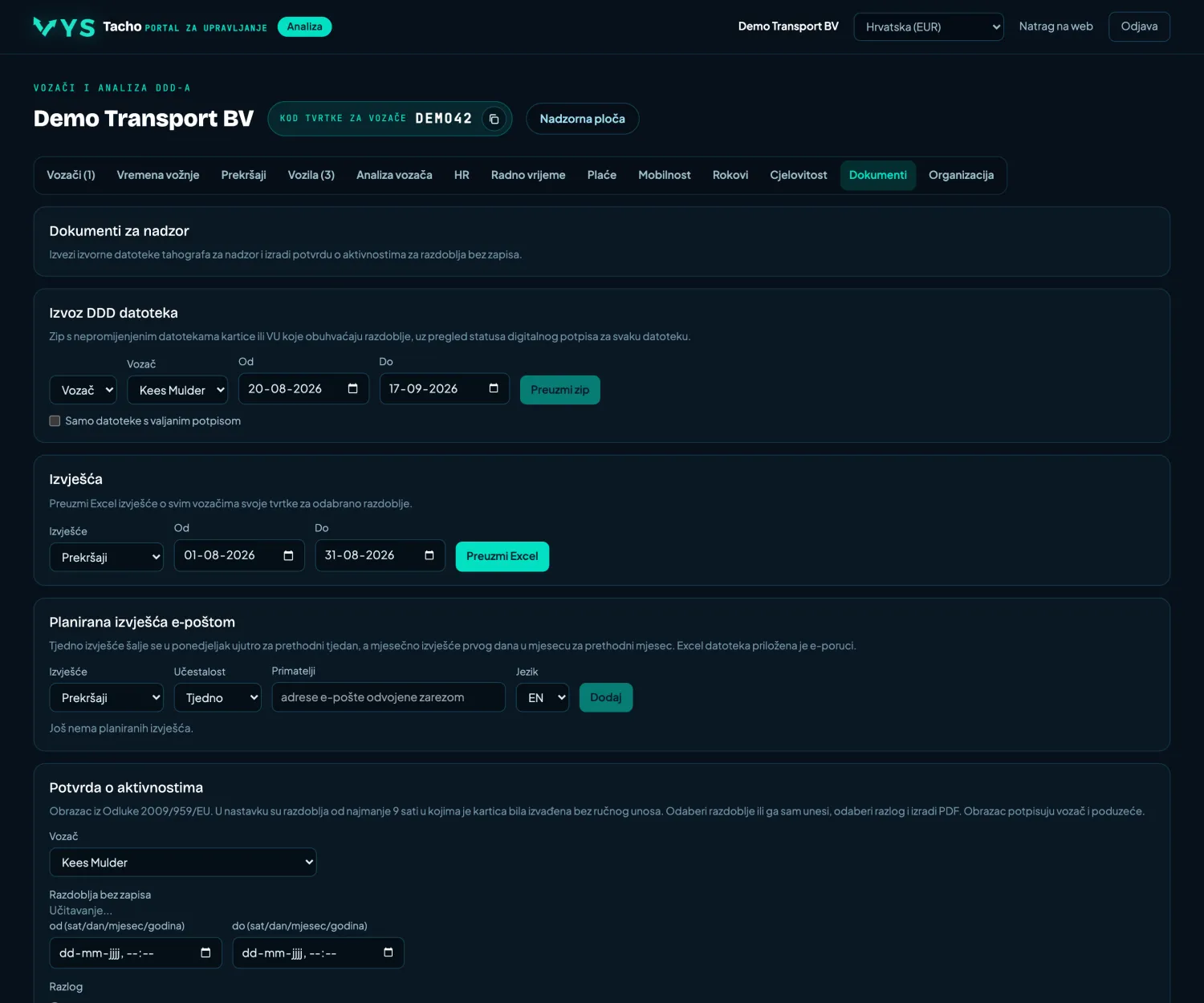 VYS Tacho portal za analizu: Dokumenti