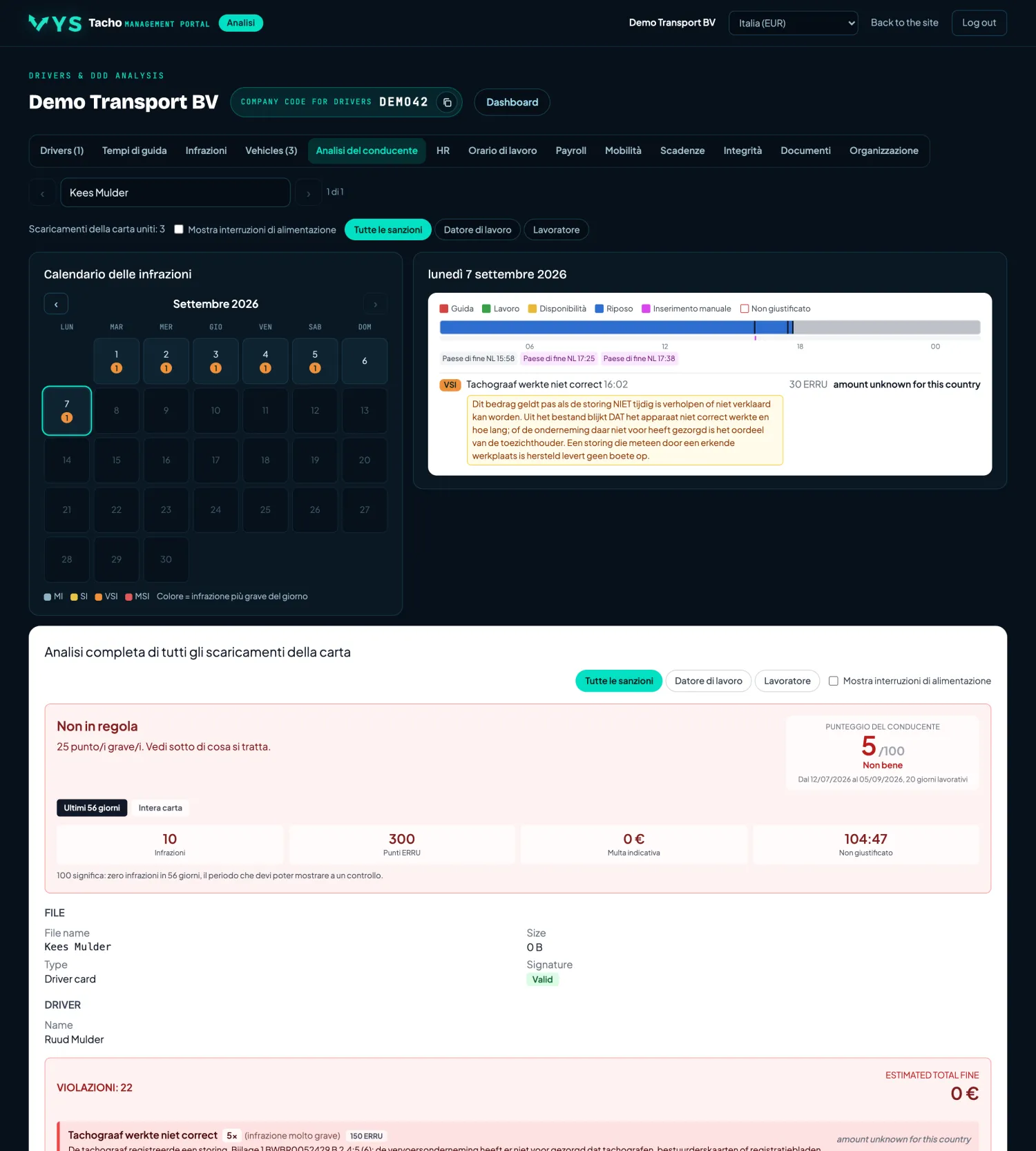 VYS Tacho portale di analisi: Analisi autista