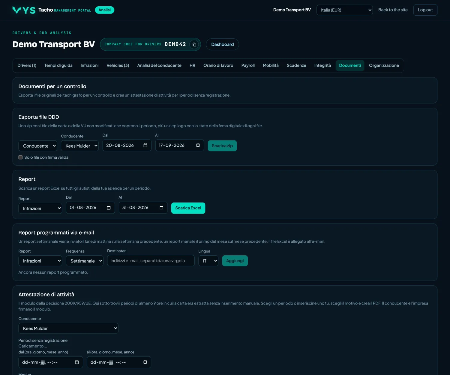 VYS Tacho portale di analisi: Documenti