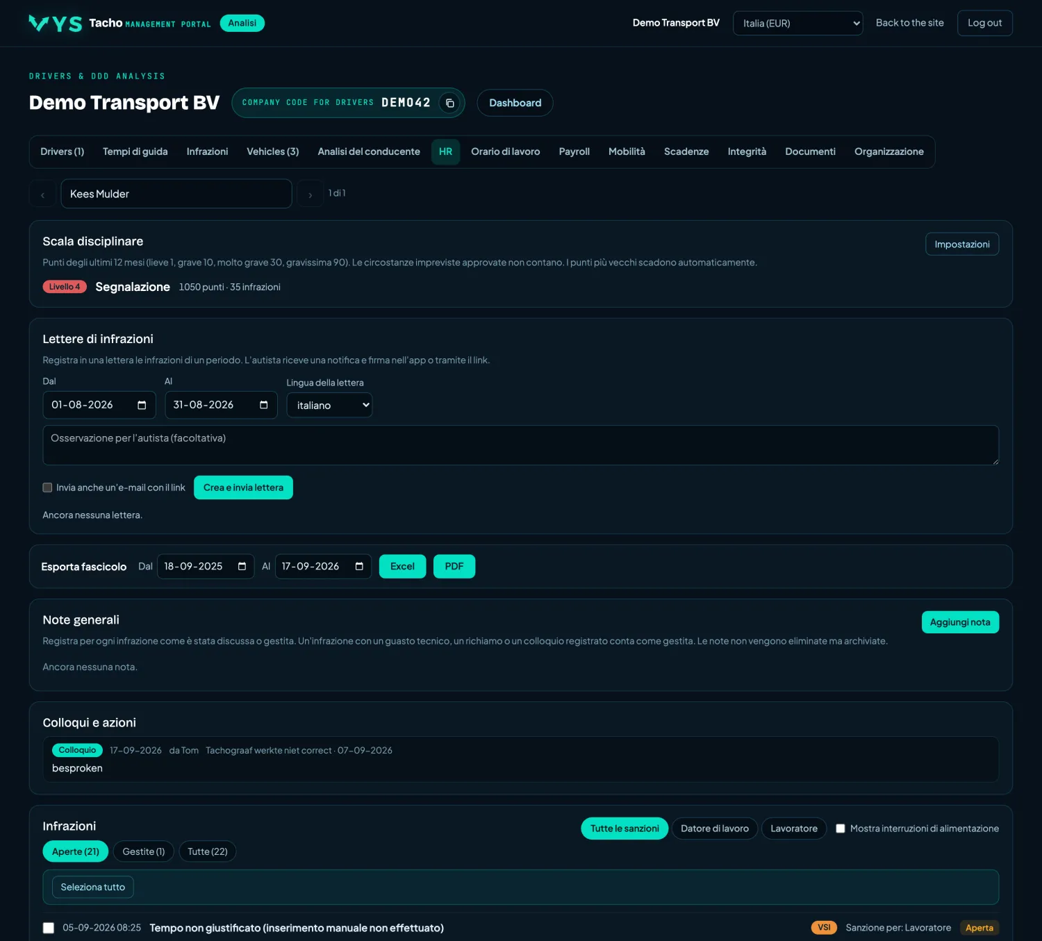 VYS Tacho portale di analisi: Risorse umane