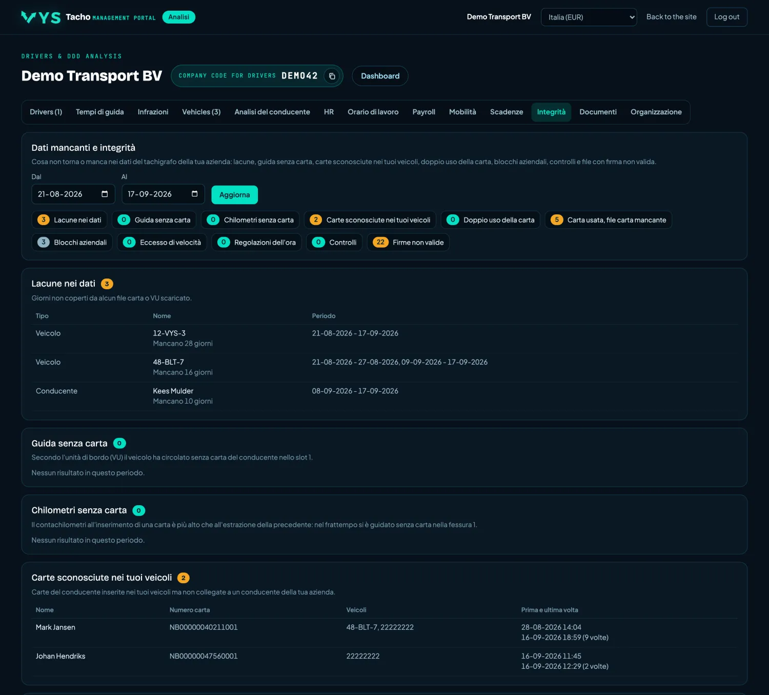 VYS Tacho portale di analisi: Integrità