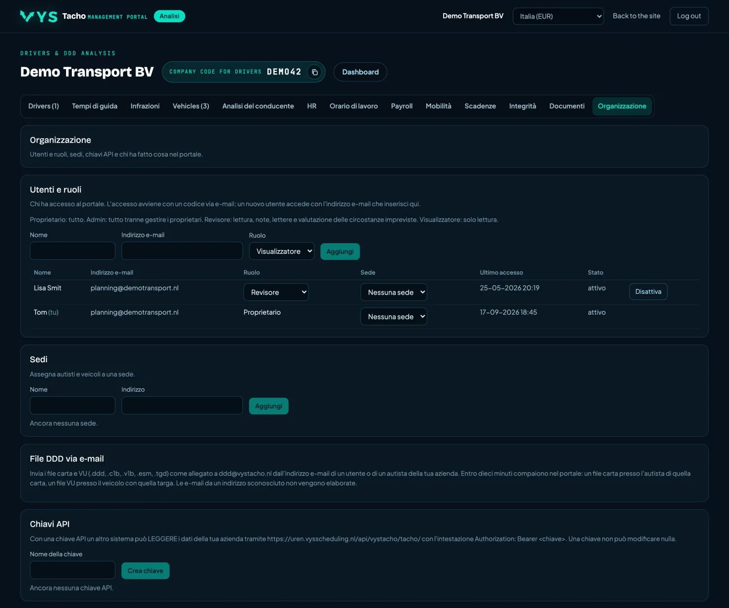 VYS Tacho portale di analisi: Organizzazione