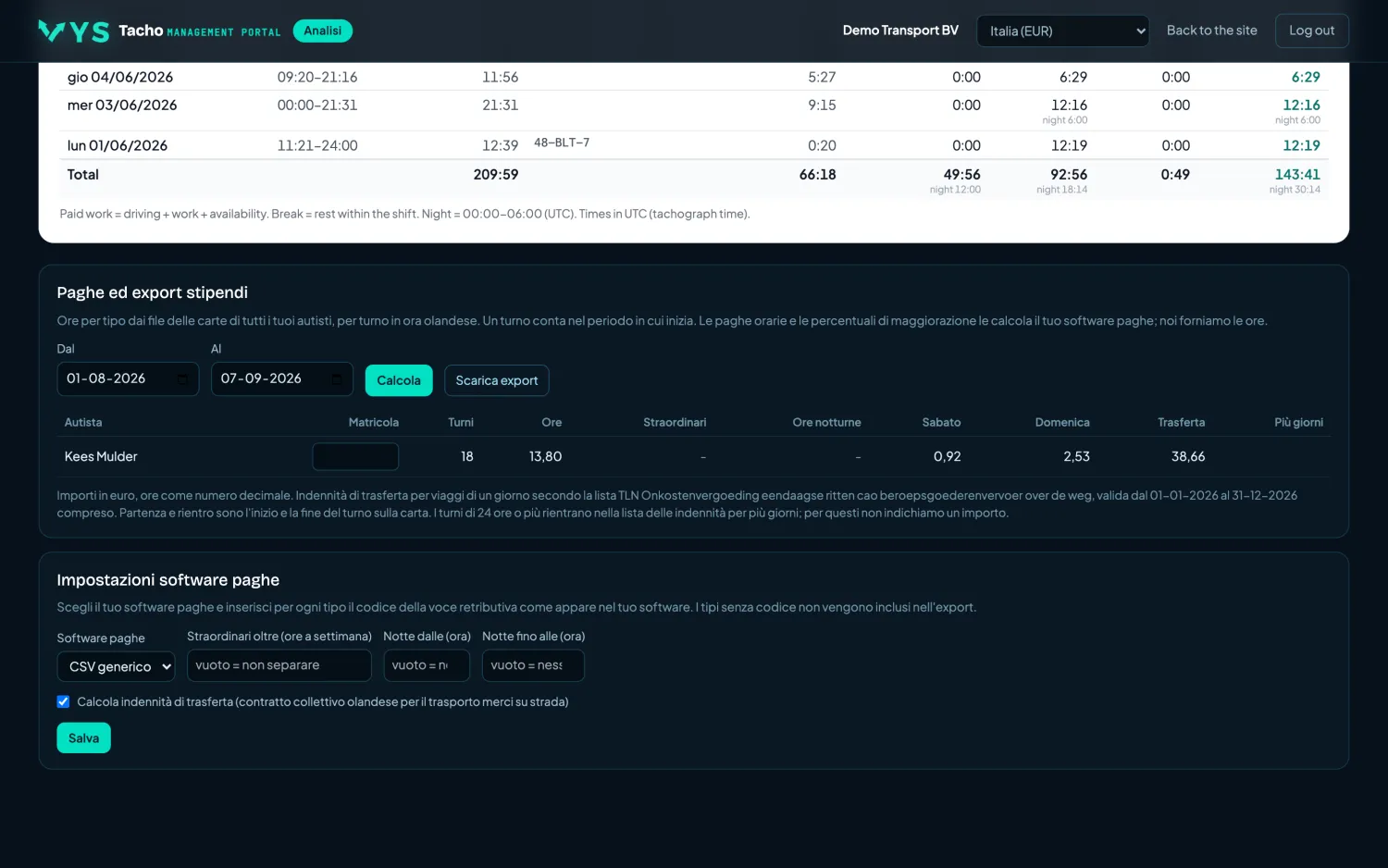 VYS Tacho portale di analisi: Buste paga