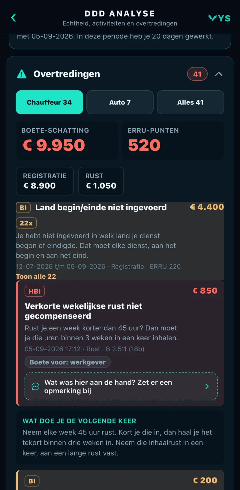 Overtredingen met uitleg en wat de chauffeur de volgende keer doet