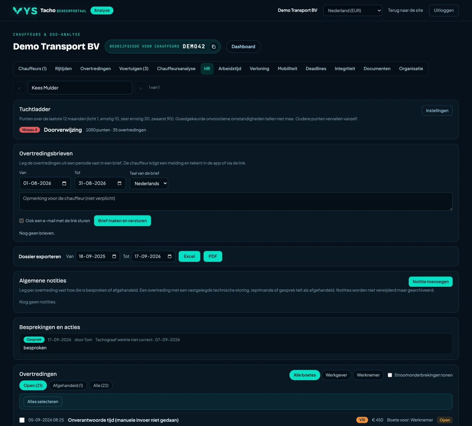VYS Tacho analyseportaal: HR