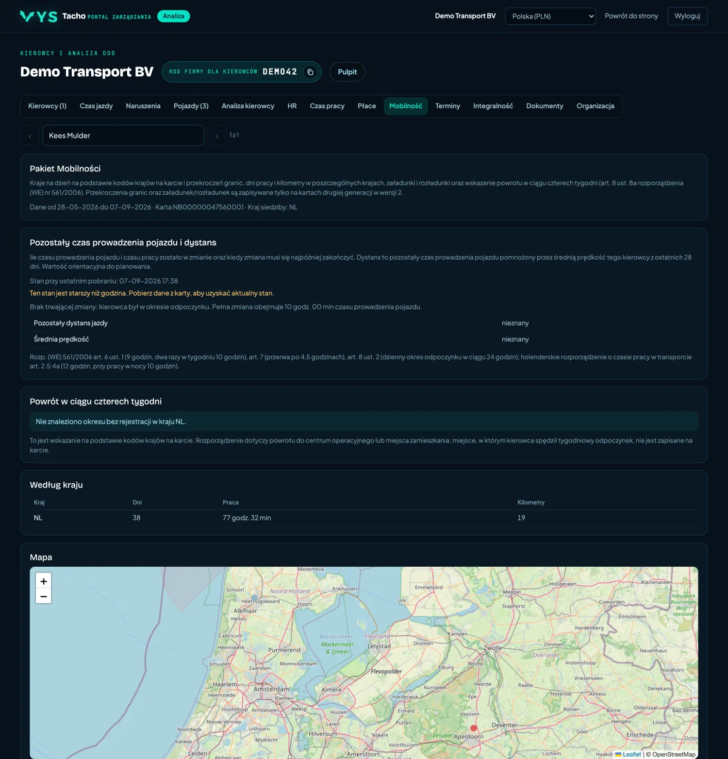 VYS Tacho portal analizy: Mobilność
