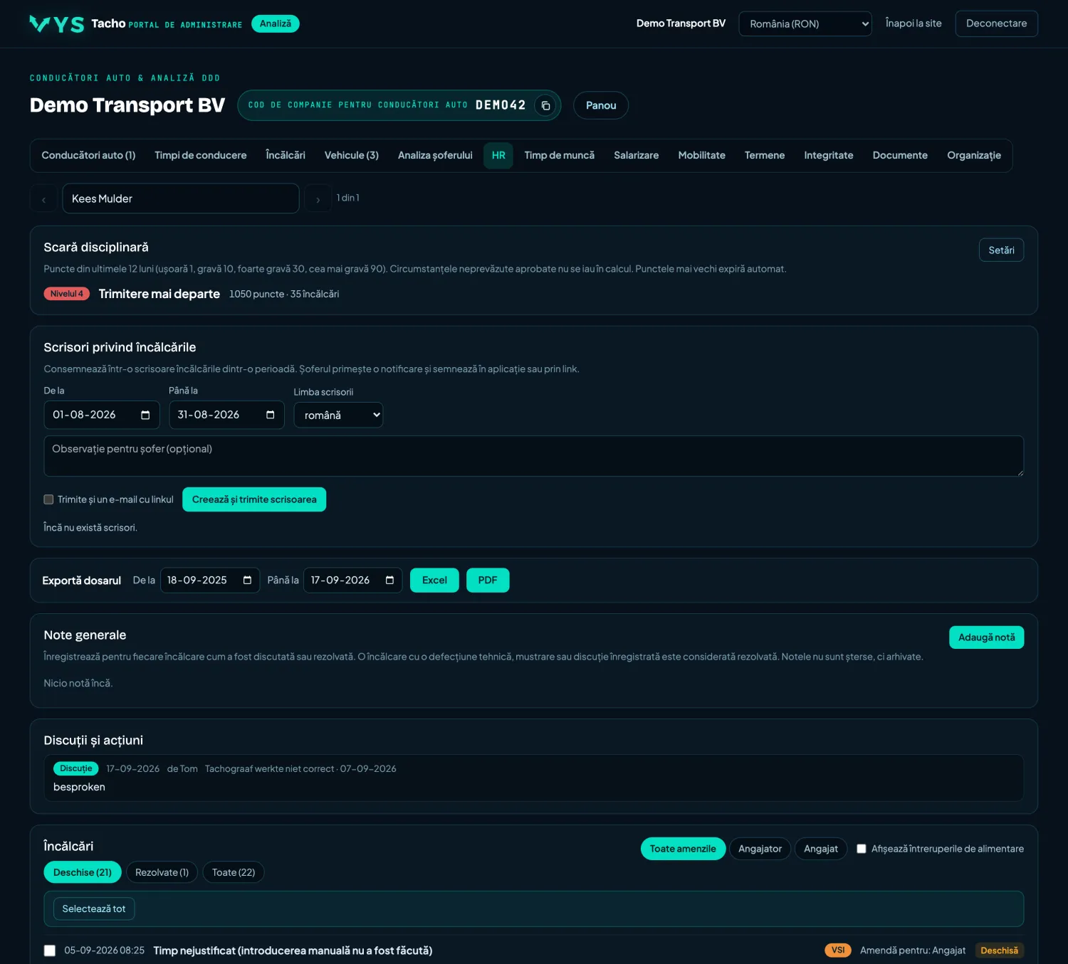 VYS Tacho portal de analiză: HR