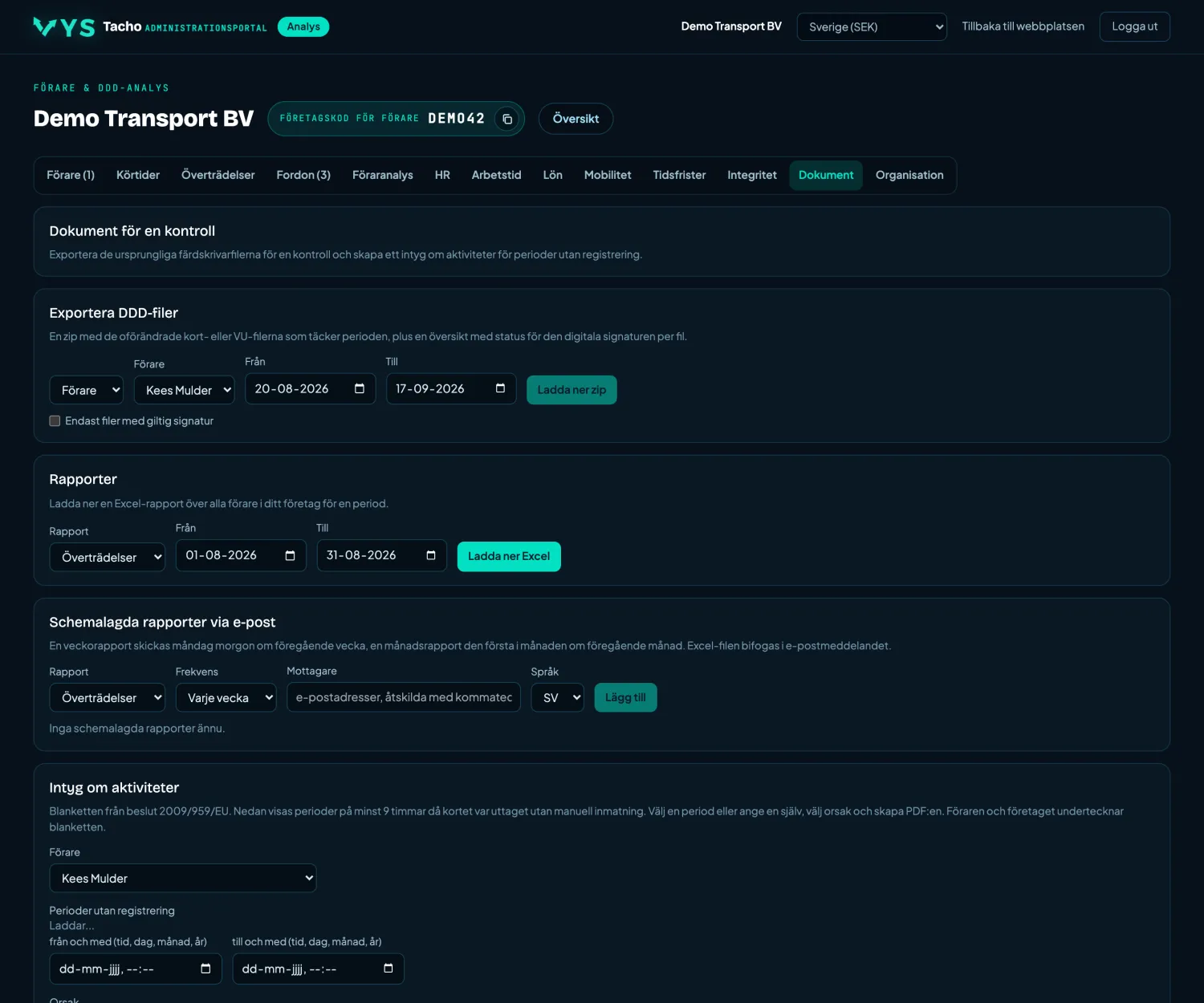 VYS Tacho analysportal: Dokument